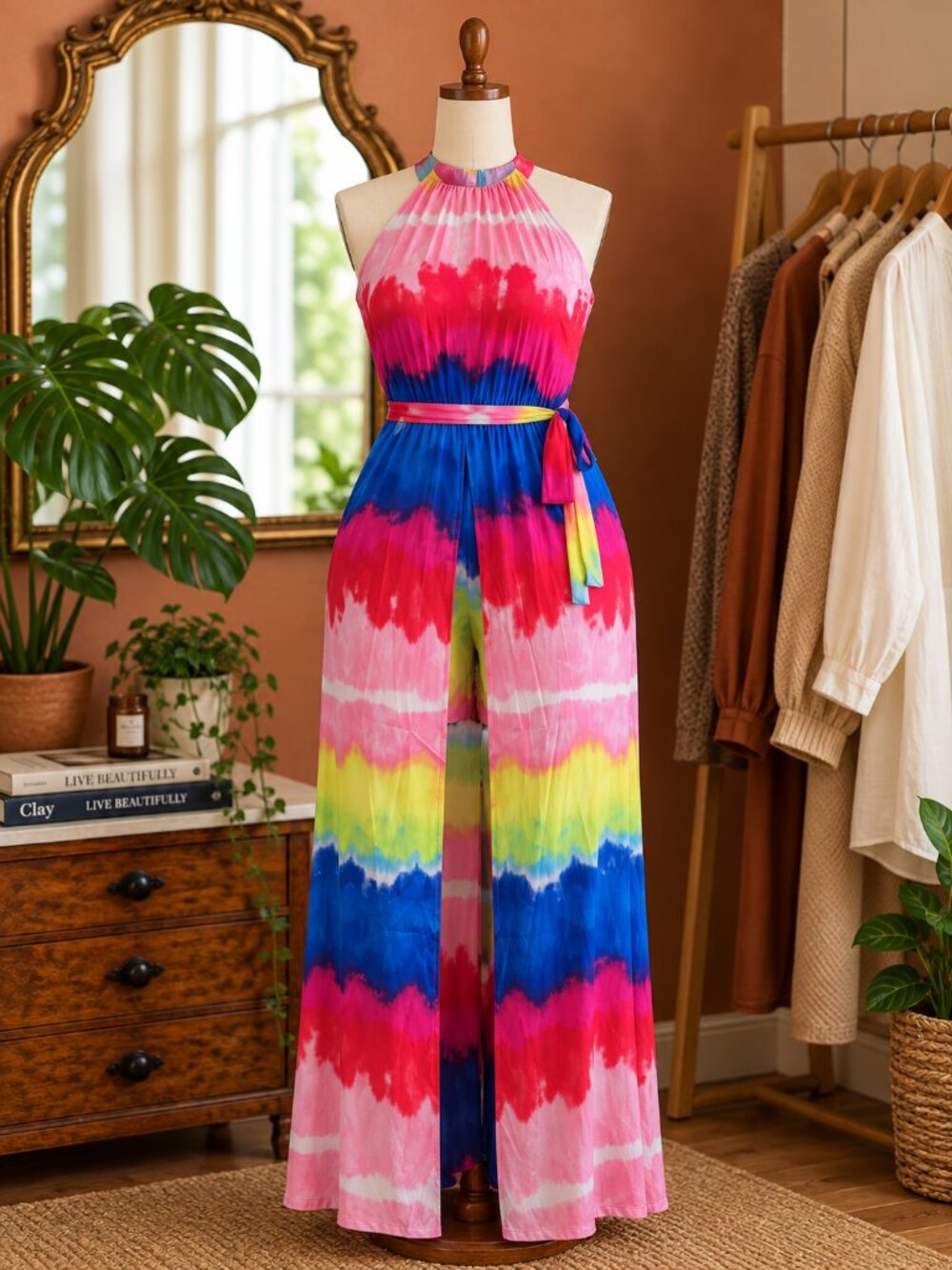 New York & Company Colorful Halter Jumpsuit
